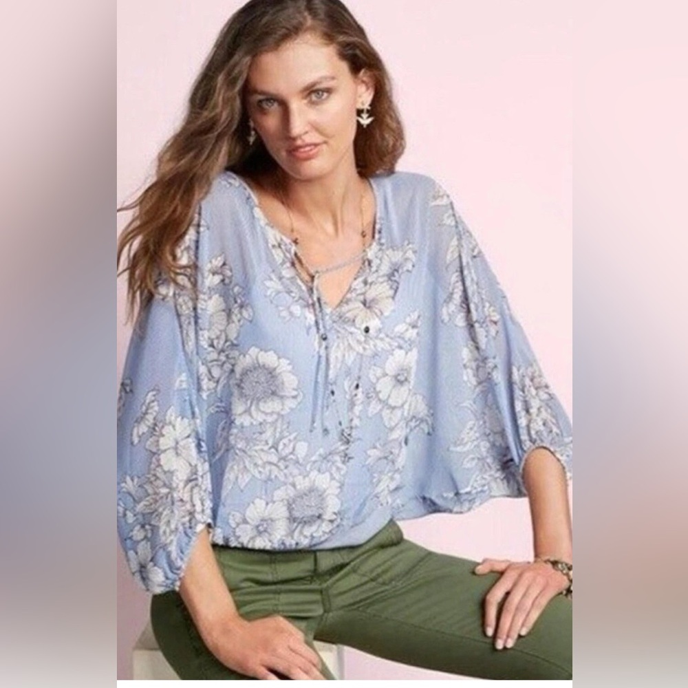 CABI Sirena Blouse Semi Sheer Blue/White Floral Sz XS #5387 EUC